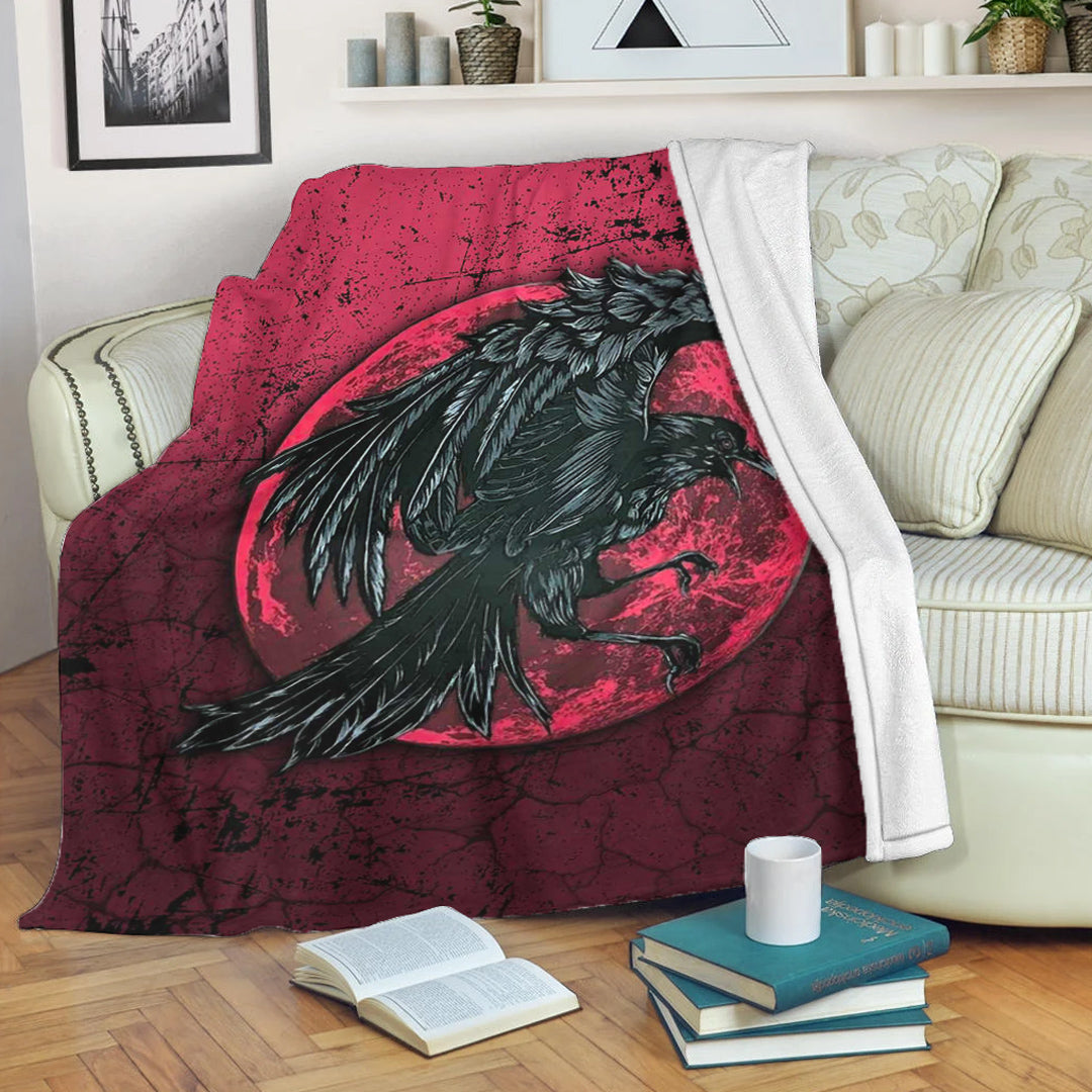 Viking Blanket Raven and Blood Moon Brush Style Sherpa Fleece Blanket Gifts for Viking Lovers
