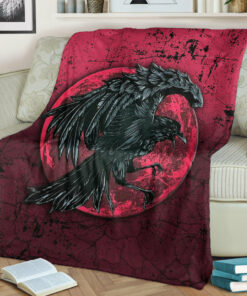 Viking Blanket Raven and Blood Moon Brush Style Sherpa Fleece Blanket Gifts for Viking Lovers