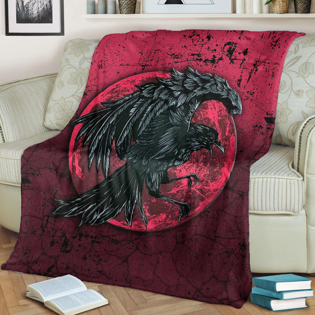 Viking Blanket Raven and Blood Moon Brush Style Sherpa Fleece Blanket Gifts for Viking Lovers
