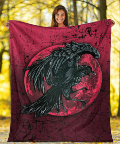 Viking Blanket Raven and Blood Moon Brush Style Sherpa Fleece Blanket Gifts for Viking Lovers