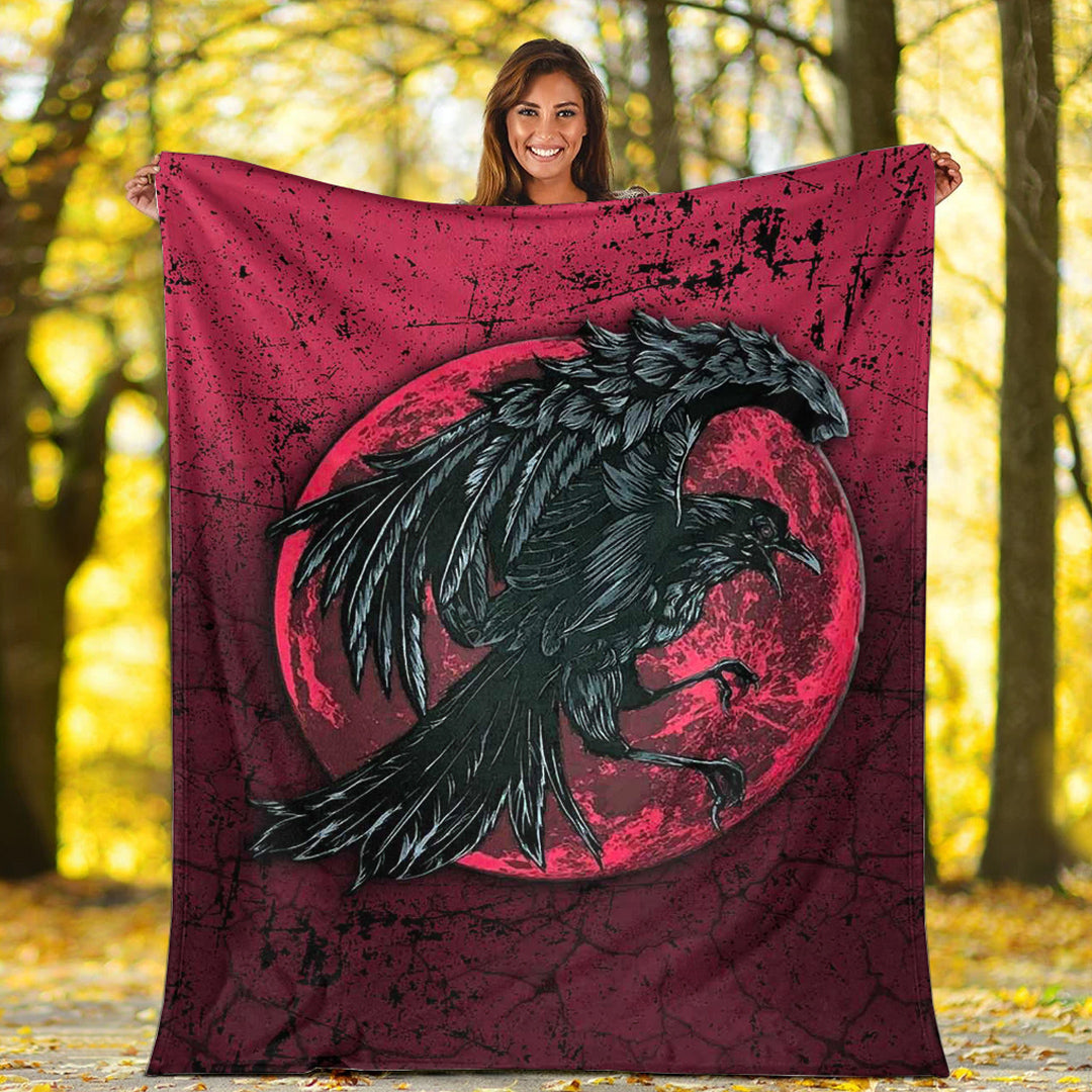 Viking Blanket Raven and Blood Moon Brush Style Sherpa Fleece Blanket Gifts for Viking Lovers