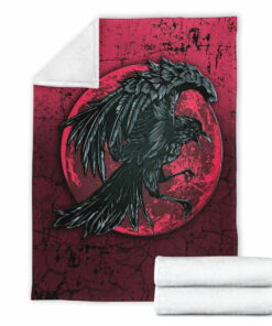Viking Blanket Raven and Blood Moon Brush Style Sherpa Fleece Blanket Gifts for Viking Lovers