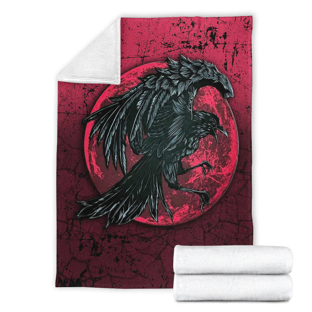 Viking Blanket Raven and Blood Moon Brush Style Sherpa Fleece Blanket Gifts for Viking Lovers
