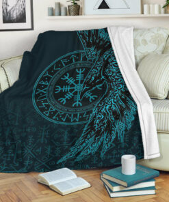 Viking Blanket Raven and Helm of Awe Cyan Sherpa Fleece Blanket Gifts for Viking Lovers