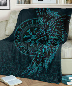 Viking Blanket Raven and Helm of Awe Cyan Sherpa Fleece Blanket Gifts for Viking Lovers