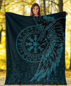 Viking Blanket Raven and Helm of Awe Cyan Sherpa Fleece Blanket Gifts for Viking Lovers