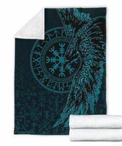 Viking Blanket Raven and Helm of Awe Cyan Sherpa Fleece Blanket Gifts for Viking Lovers