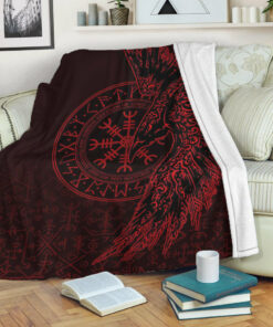 Viking Blanket Raven and Helm of Awe Red Sherpa Fleece Blanket Gifts for Viking Lovers