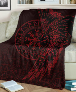Viking Blanket Raven and Helm of Awe Red Sherpa Fleece Blanket Gifts for Viking Lovers