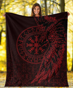 Viking Blanket Raven and Helm of Awe Red Sherpa Fleece Blanket Gifts for Viking Lovers