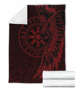 Viking Blanket Raven and Helm of Awe Red Sherpa Fleece Blanket Gifts for Viking Lovers