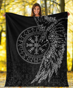 Viking Blanket Raven and Helm of Awe Sherpa Fleece Blanket Gifts for Viking Lovers