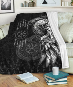 Viking Blanket Raven and Ourobos and Runes Sherpa Fleece Blanket Gifts for Viking Lovers