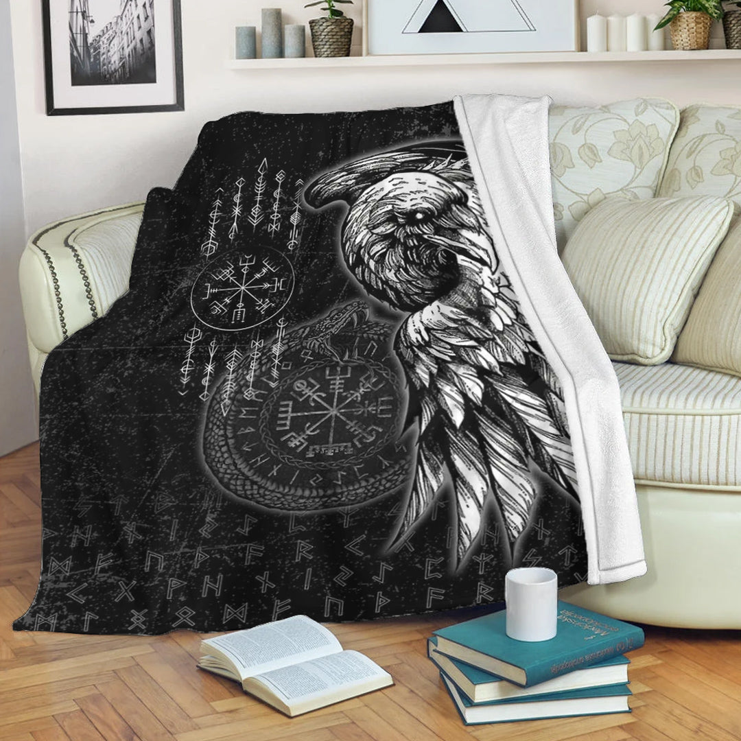 Viking Blanket Raven and Ourobos and Runes Sherpa Fleece Blanket Gifts for Viking Lovers