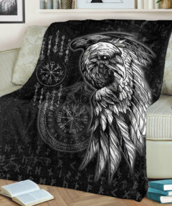 Viking Blanket Raven and Ourobos and Runes Sherpa Fleece Blanket Gifts for Viking Lovers