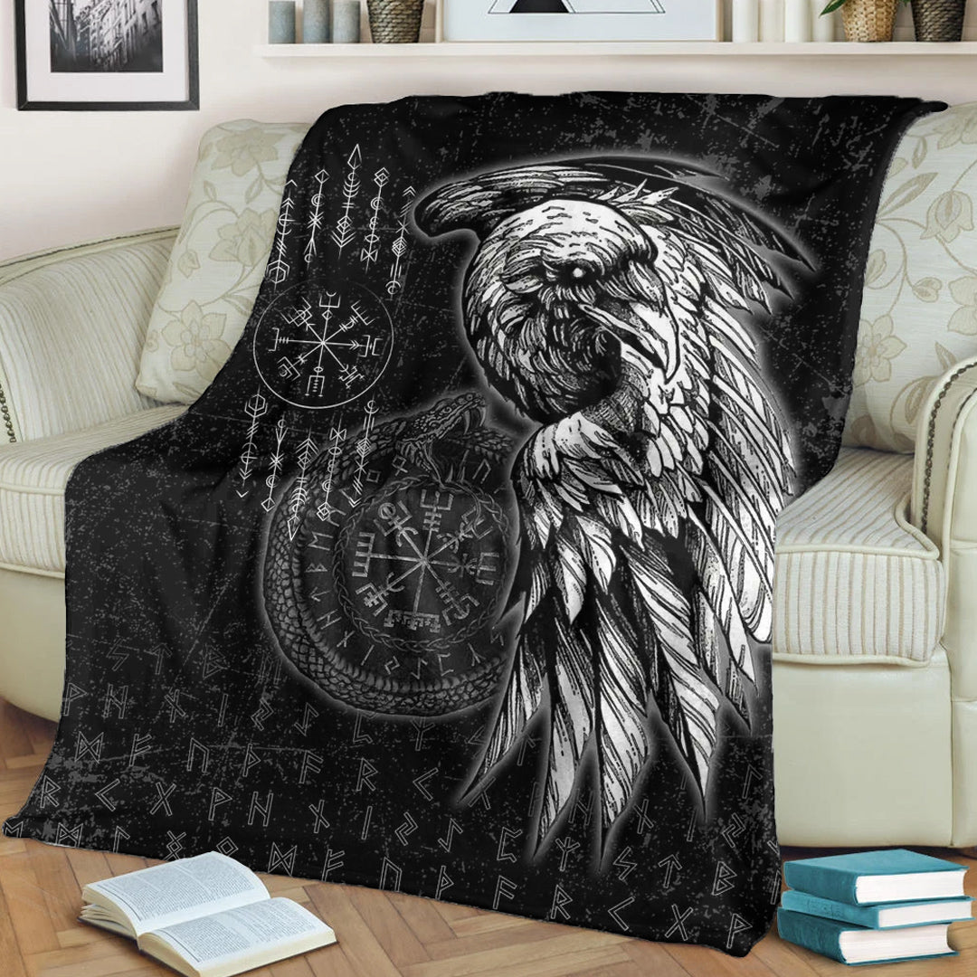 Viking Blanket Raven and Ourobos and Runes Sherpa Fleece Blanket Gifts for Viking Lovers