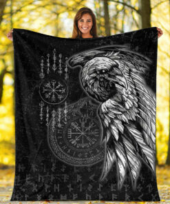 Viking Blanket Raven and Ourobos and Runes Sherpa Fleece Blanket Gifts for Viking Lovers
