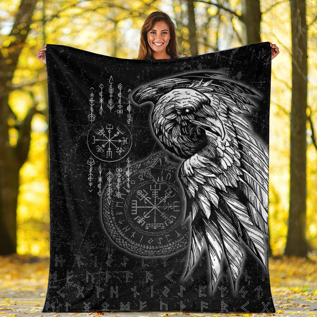 Viking Blanket Raven and Ourobos and Runes Sherpa Fleece Blanket Gifts for Viking Lovers