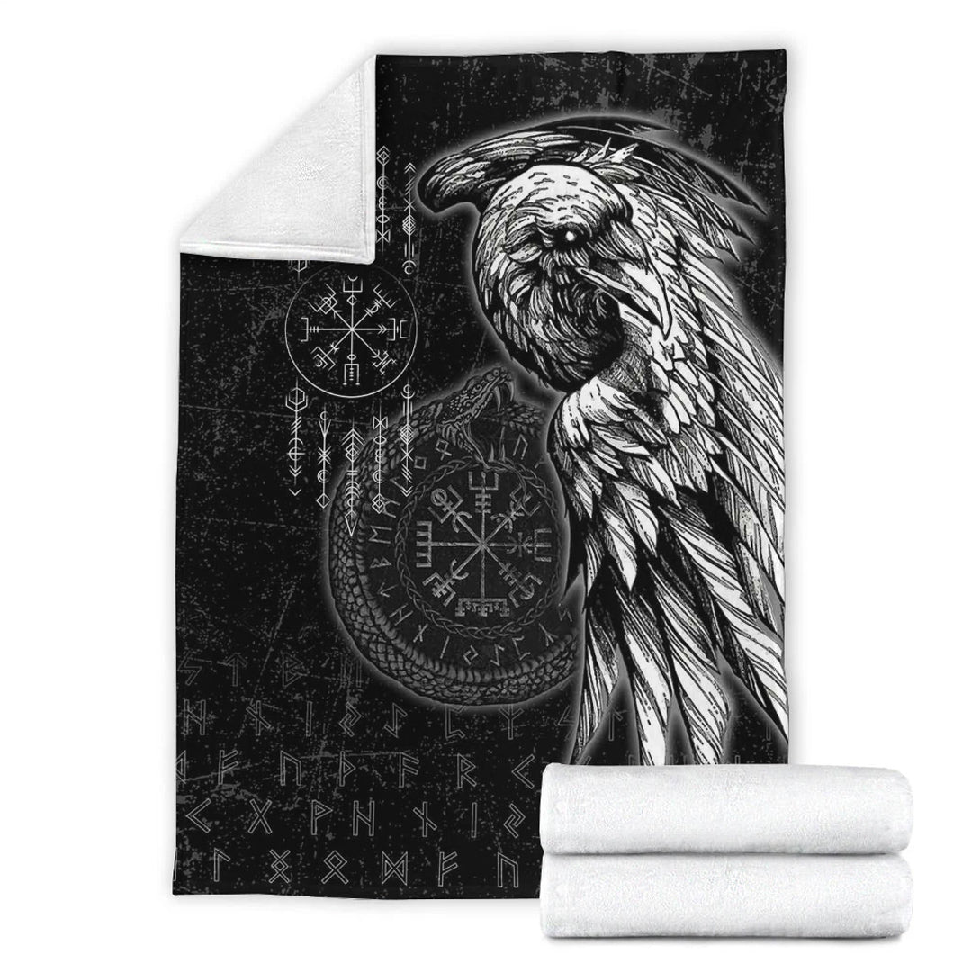 Viking Blanket Raven and Ourobos and Runes Sherpa Fleece Blanket Gifts for Viking Lovers