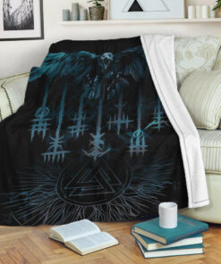 Viking Blanket Raven and Valknut Cyan Style Sherpa Fleece Blanket Gifts for Viking Lovers