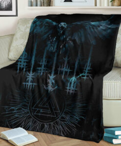 Viking Blanket Raven and Valknut Cyan Style Sherpa Fleece Blanket Gifts for Viking Lovers