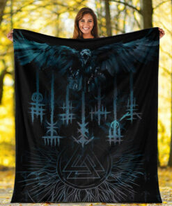 Viking Blanket Raven and Valknut Cyan Style Sherpa Fleece Blanket Gifts for Viking Lovers