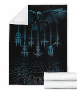 Viking Blanket Raven and Valknut Cyan Style Sherpa Fleece Blanket Gifts for Viking Lovers