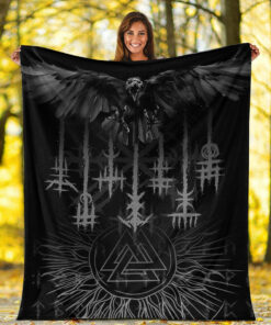 Viking Blanket Raven and Valknut Sherpa Fleece Blanket Gifts for Viking Lovers