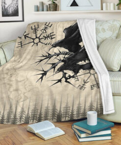 Viking Blanket Raven and Vegvisir Vintage Style Sherpa Fleece Blanket Gifts for Viking Lovers