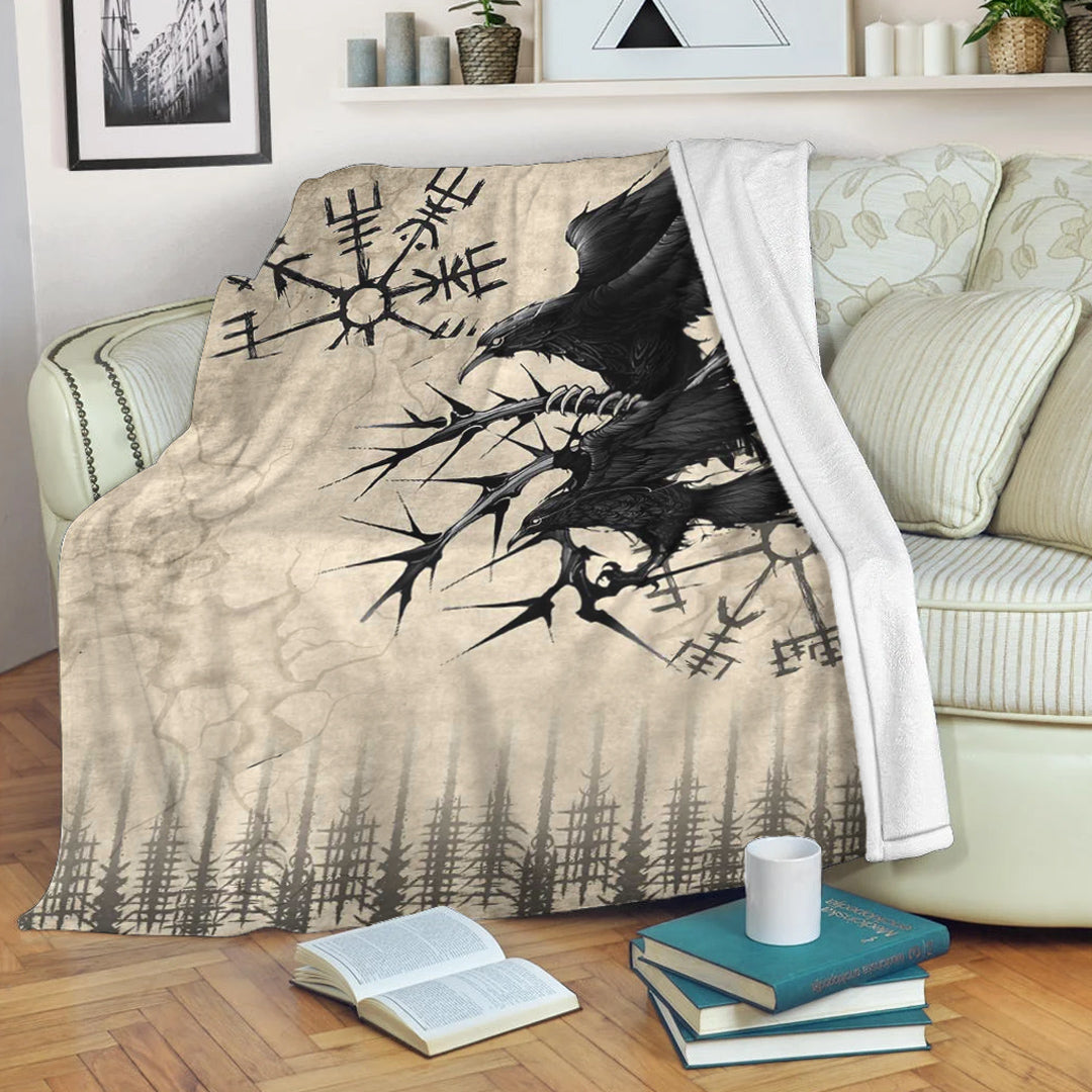Viking Blanket Raven and Vegvisir Vintage Style Sherpa Fleece Blanket Gifts for Viking Lovers