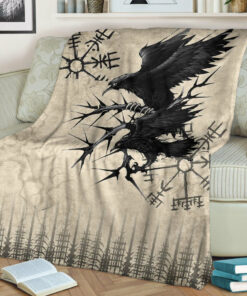 Viking Blanket Raven and Vegvisir Vintage Style Sherpa Fleece Blanket Gifts for Viking Lovers