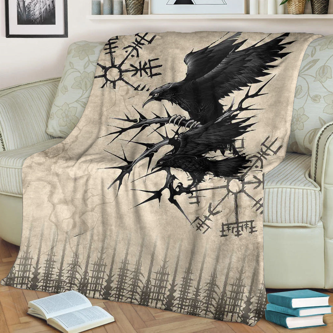 Viking Blanket Raven and Vegvisir Vintage Style Sherpa Fleece Blanket Gifts for Viking Lovers