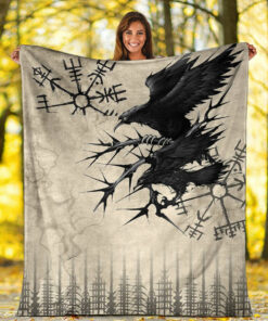 Viking Blanket Raven and Vegvisir Vintage Style Sherpa Fleece Blanket Gifts for Viking Lovers