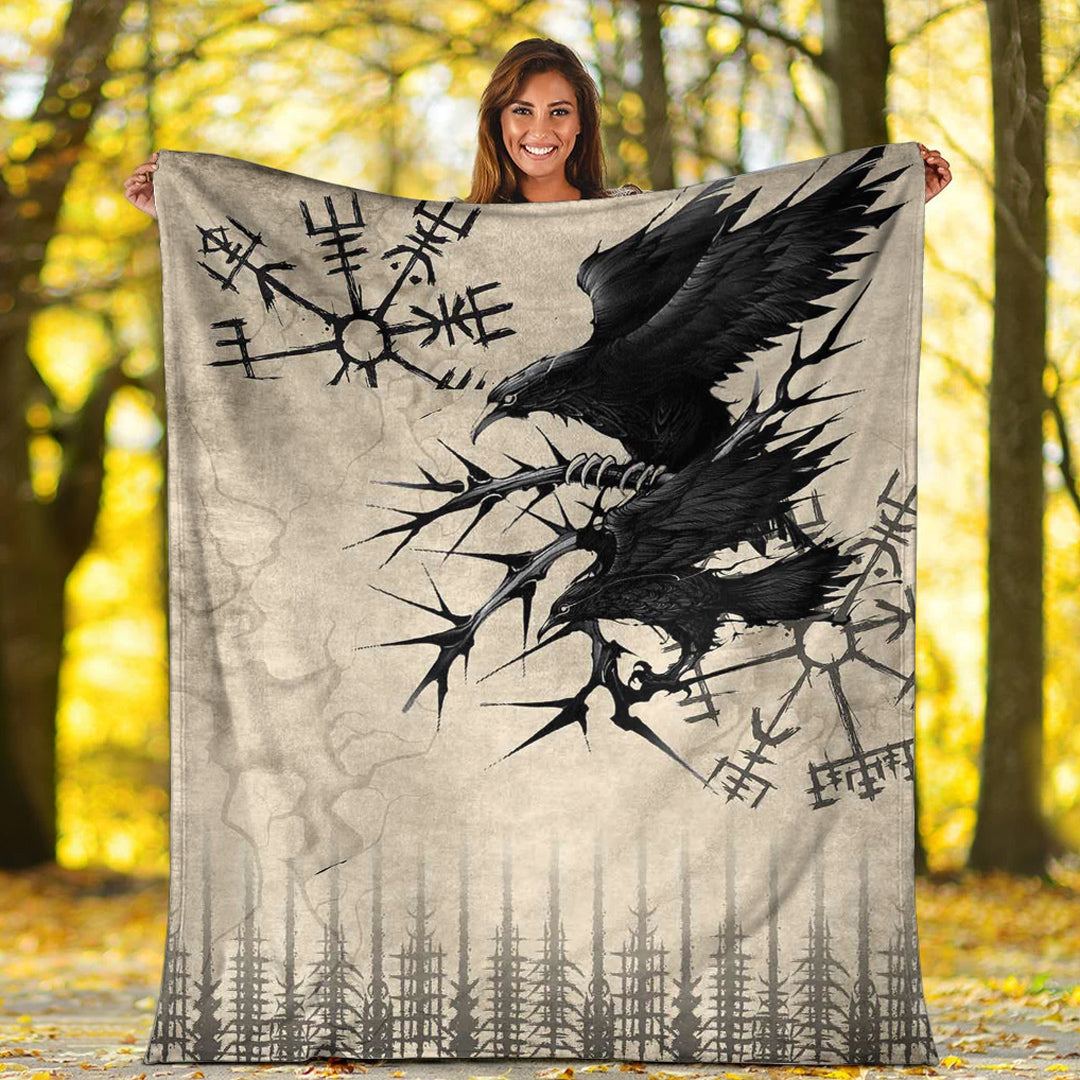 Viking Blanket Raven and Vegvisir Vintage Style Sherpa Fleece Blanket Gifts for Viking Lovers