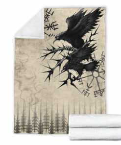 Viking Blanket Raven and Vegvisir Vintage Style Sherpa Fleece Blanket Gifts for Viking Lovers