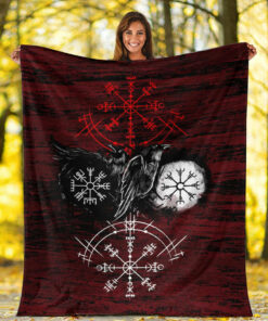 Viking Blanket Raven of Odin and Symbol Viking on Blood Background Sherpa Fleece Blanket Gifts for Viking Lovers