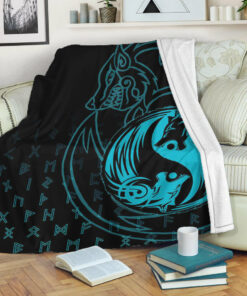 Viking Blanket Skoll and Hati Cyan Sherpa Fleece Blanket Gifts for Viking Lovers