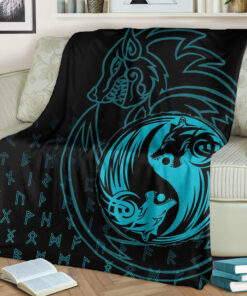 Viking Blanket Skoll and Hati Cyan Sherpa Fleece Blanket Gifts for Viking Lovers
