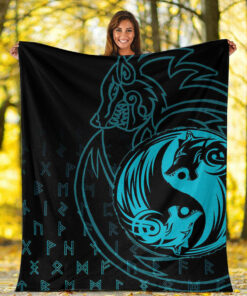 Viking Blanket Skoll and Hati Cyan Sherpa Fleece Blanket Gifts for Viking Lovers