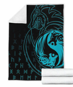 Viking Blanket Skoll and Hati Cyan Sherpa Fleece Blanket Gifts for Viking Lovers