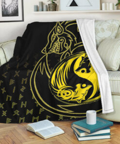 Viking Blanket Skoll and Hati Gold Sherpa Fleece Blanket Gifts for Viking Lovers