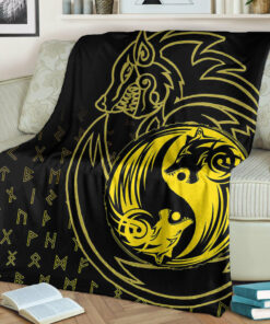 Viking Blanket Skoll and Hati Gold Sherpa Fleece Blanket Gifts for Viking Lovers