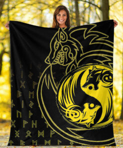 Viking Blanket Skoll and Hati Gold Sherpa Fleece Blanket Gifts for Viking Lovers
