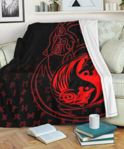 Viking Blanket Skoll and Hati Red Sherpa Fleece Blanket Gifts for Viking Lovers