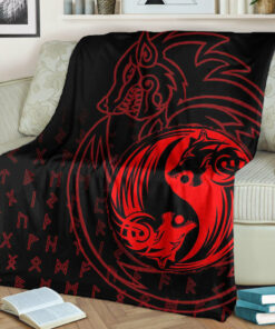 Viking Blanket Skoll and Hati Red Sherpa Fleece Blanket Gifts for Viking Lovers
