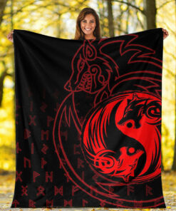 Viking Blanket Skoll and Hati Red Sherpa Fleece Blanket Gifts for Viking Lovers