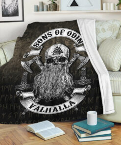 Viking Blanket Sons of Odin Valhalla 2 Sherpa Fleece Blanket Gifts for Viking Lovers