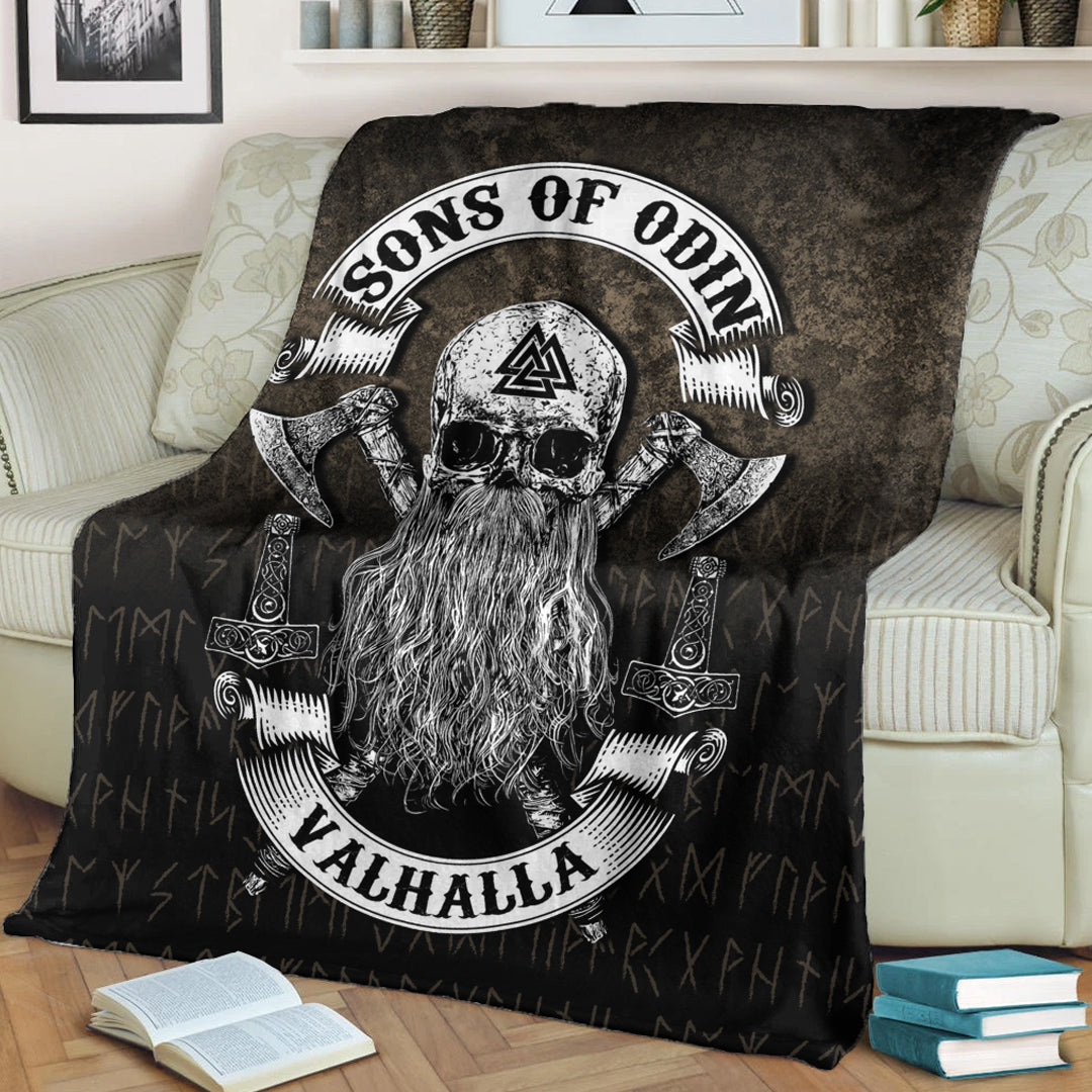 Viking Blanket Sons of Odin Valhalla 2 Sherpa Fleece Blanket Gifts for Viking Lovers