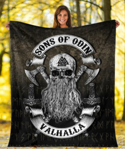 Viking Blanket Sons of Odin Valhalla 2 Sherpa Fleece Blanket Gifts for Viking Lovers