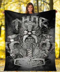 Viking Blanket Thor And Hammer Sherpa Fleece Blanket Gifts for Viking Lovers
